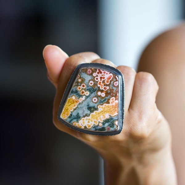 Ocean Jasper Ring in Sterling Silver Cocktail Ring - Collector Stone - When The Tide Comes In - Size 8.5