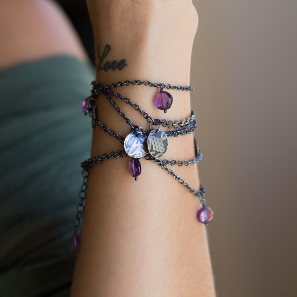 Königliche Amethyst Sterling Silber Charmehalskette - super lange Halskette, lange böhmischen Halskette, böhmische Hochzeit - Regentropfen