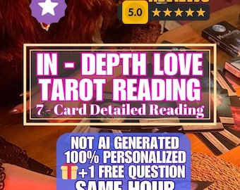 Peut inclure: Image publicitaire pour une consultation de tarot. Le texte indique "IN - DEPTH LOVE TAROT READING" et "NOT AI GENERATED 100% PERSONALIZED +1 FREE QUESTION SAME HOUR." Une note de 5,0 étoiles est également affichée.
