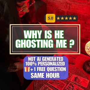 Op de afbeelding: Afbeelding met de tekst "WHY IS HE GHOSTING ME?" in witte letters met een groene rand. Daaronder staat "NOT AI GENERATED 100% PERSONALIZED +1 FREE QUESTION SAME HOUR." Een 5-sterren beoordeling wordt weergegeven.