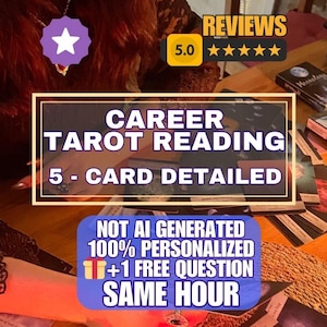 May include: Image of a tarot reading service advertisement. The text reads "CAREER TAROT READING 5-CARD DETAILED" and "NOT AI GENERATED 100% PERSONALIZED +1 FREE QUESTION SAME HOUR". A 5.0 star review is displayed.