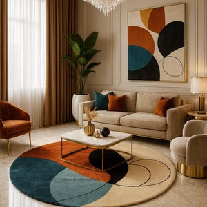Modern Round Abstract Tufted Rug – Minimalist Beige, Teal, Rust & Black Carpet – Handmade Geometric Floor rug by FloorFashionRugs
