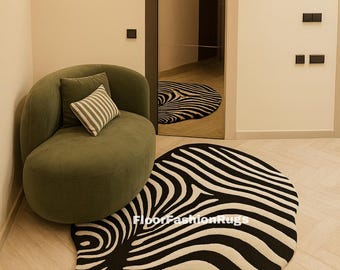 Zebra Print Wool Rug: Modern Irregular Shape, Hand-Tufted