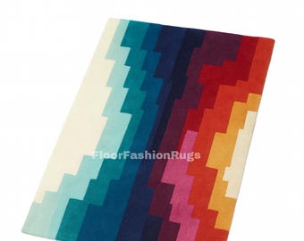 Handmade Rainbow Wool Tufted Rug: Modern Geometric Decor