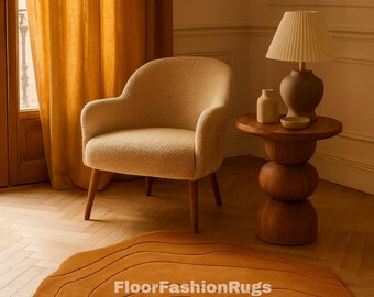 Handmade Wool Tufted Rug: Abstract Wavy Line Design, Earthy Brown