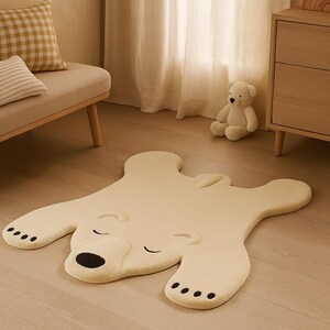 May include: A cream-colored rug shaped like a polar bear, with a black nose and paw pads. The rug is on a light wood floor. A small teddy bear and a beige bench with pillows are in the background.