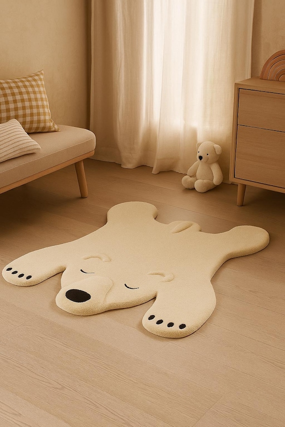 Handmade Tufted Polar Bear Rug: New Zealand Wool Nursery Decor