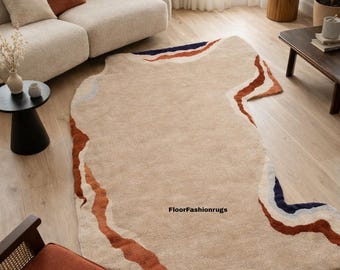 Abstract Wavy Shaped Hand Tufted Rug – Modern Irregular Area Rug New Zealand Wool Carpet, Contemporary Designer Floor Rug, Custom Size Rug