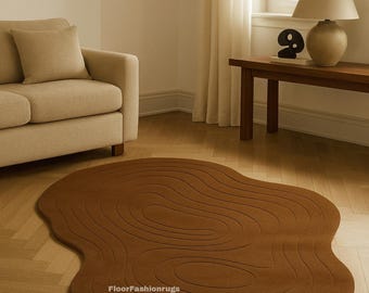 Abstract Brown Wool Rug: Modern Wavy Contour, Irregular Shape