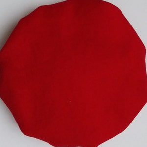 May include: A solid red fabric circle, possibly a piece of felt or a fabric scrap.