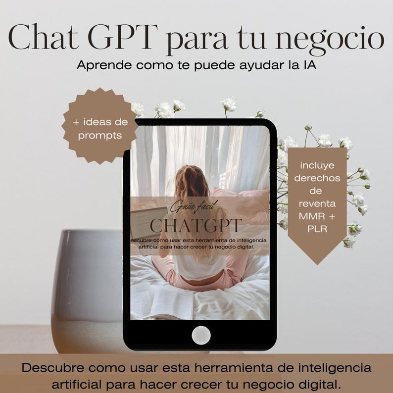 Easy ChatGPT guide for female entrepreneurs in Spanish; ChatGPT for digital business; MRR-PLR resale rights; AI image 1