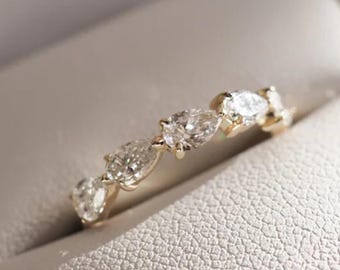 Pear Cut Moissanite Wedding Band, 14K Gold Shared Prong Ring