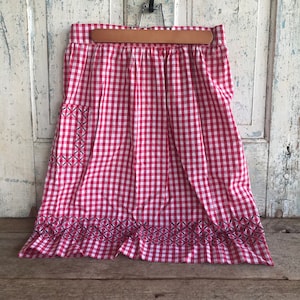 Vintage Red & White Gingham Half Apron with Black Stitching