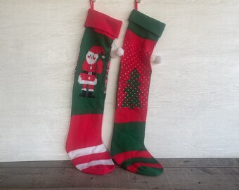 ヴィンテージ クリスマス ストッキング 2 個セット // ハンドメイド ニット // 26 インチ エクストラ ロング