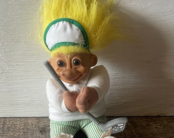 Vintage Russ Troll Golfer Doll // Soft Body, Yellow Hair, White and Green Striped Golf Clothes, Golf Club // Russ Berrie & Co.