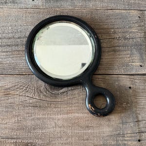 Antique Ebony Wood Handheld Mirror // Beveled Edge, Loop Handle // Collectible Hand Mirror