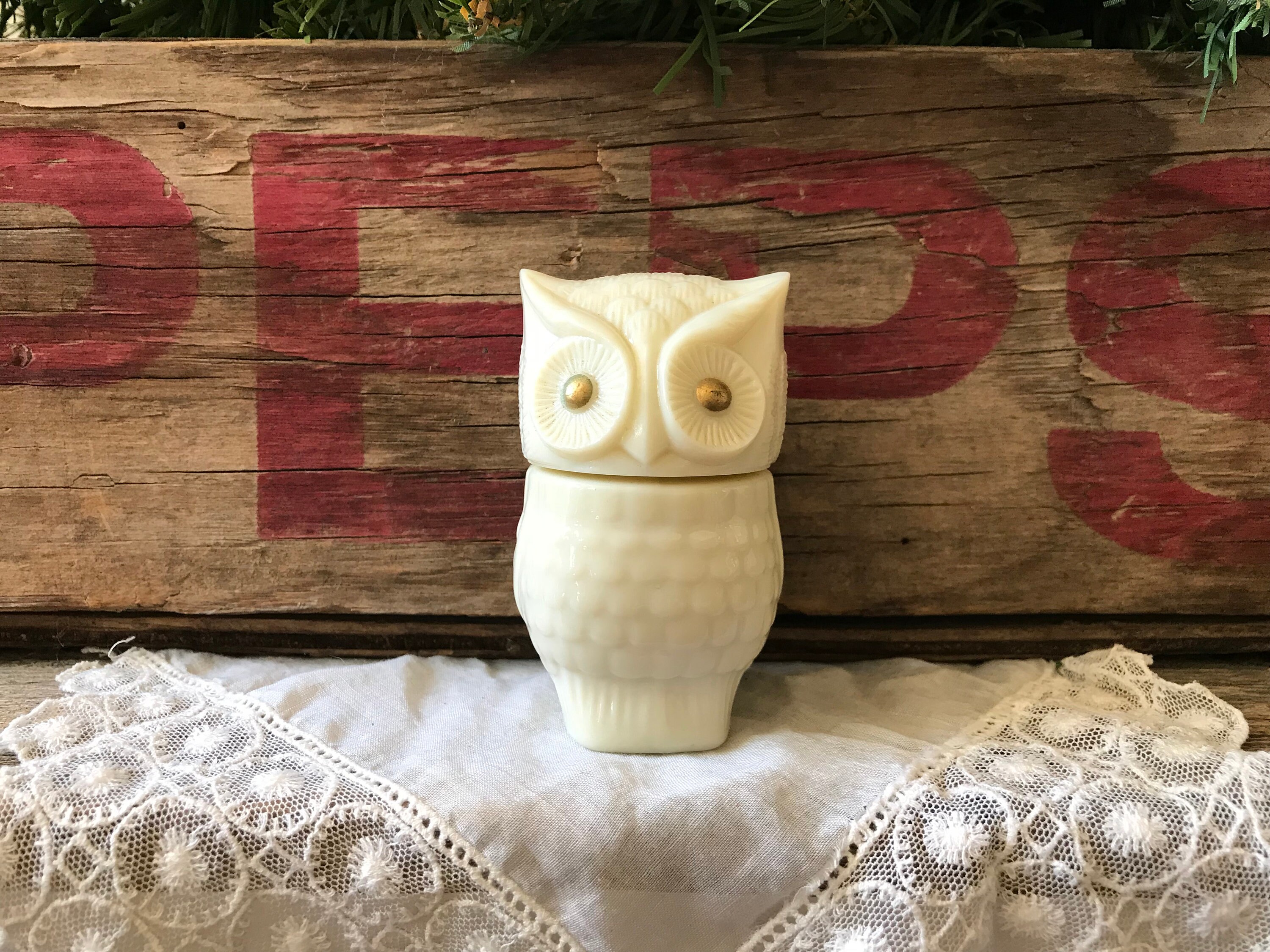 Vintage Avon Glass Owl Figurine // White & Gold