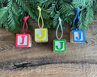 Letter J Vintage Alphabet Block Ornament // Your Choice // Initial Ornament // Number Ornament //  Vintage Christmas Ornament