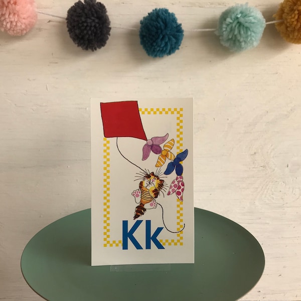 Vintage Flashcard -- Kk Kite & a Kitten