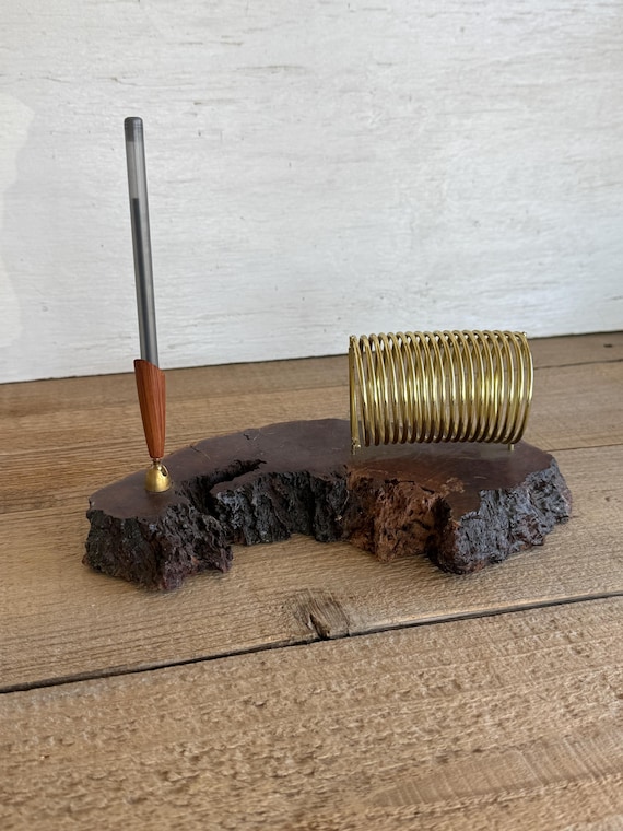Vintage Desk Mail Organizer // Live Edge Wood, Brass Coil, Wood Pen Holder