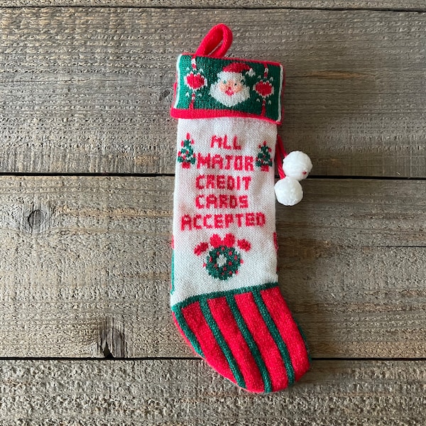 Vintage 1988 Kurt Adler Knitted Christmas Stocking // "All Major Credit Cards Accepted" // Vintage Christmas