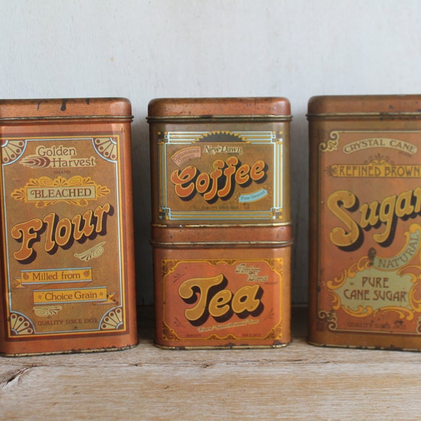 Vintage 1970's Cheinco Tin Kitchen Canisters // Set of 4 // Flour, Sugar, Tea, Coffee //