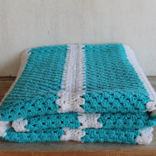 Vintage Crocheted Afghan Blanket // Turquoise & White Stripe