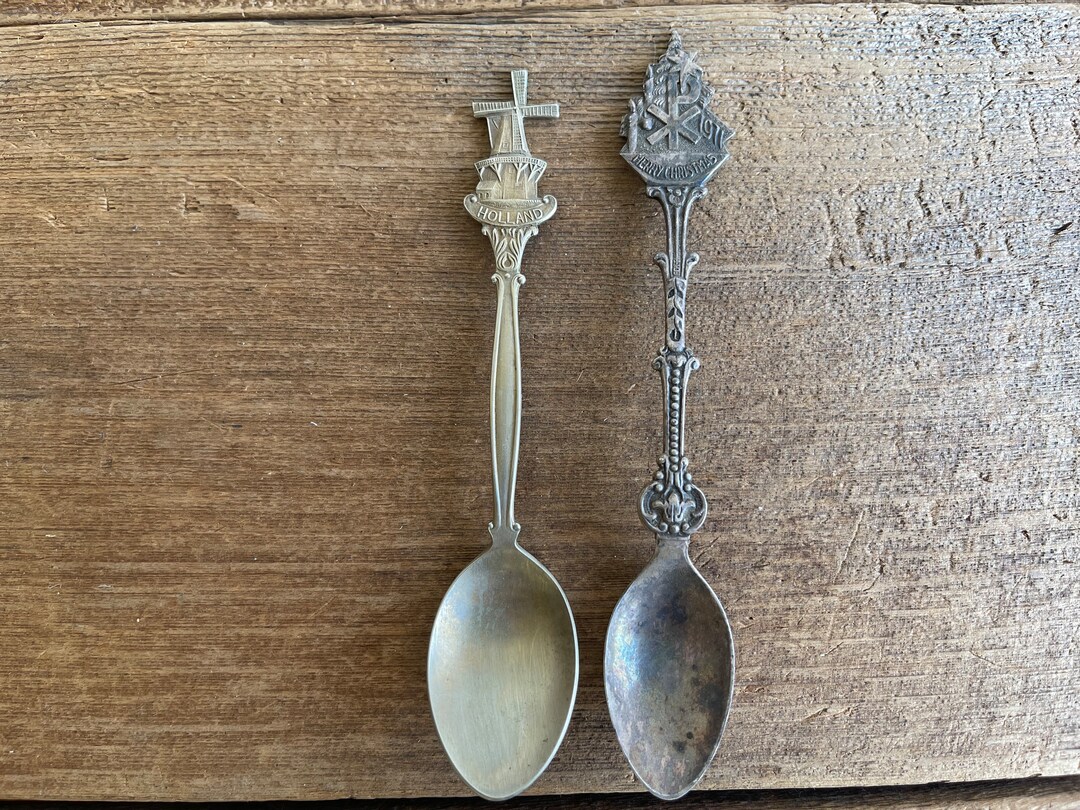 Vintage Souvenir Spoons From Holland // Merry Christmas 1971 or Windmill // Collectible Vintage