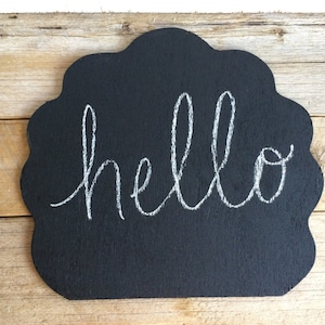 Puede incluir: Una pizarra negra con borde festoneado. La palabra "hello" está escrita en escritura cursiva blanca en el centro de la pizarra. La pizarra está sobre un fondo de madera marrón claro.