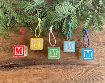 Letter M Vintage Alphabet Block Ornament // Your Choice // Initial Ornament // Number Ornament //  Vintage Christmas Ornament