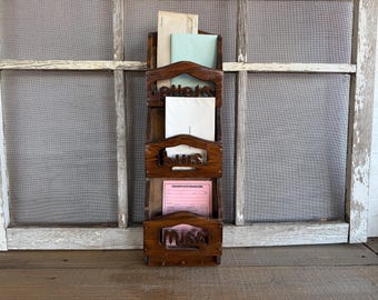 Vintage Wooden Wall Mail Organizer: Key Hooks & Letter Slots