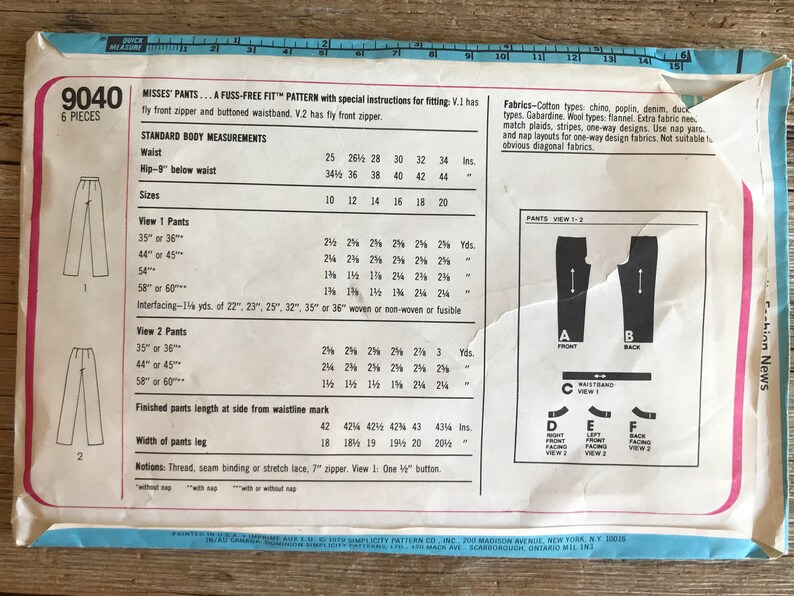 Simplicity 9040 Uncut Vintage Sewing Pattern // Size 12, Misses Pants ...