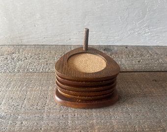 Set of 5 Mid Century Wood & Cork Coaster Set // Chrissy Japan // Teardrop Shape // Vintage Home Goods