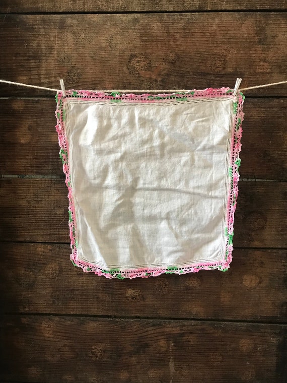 Vintage White Handkerchief with Pastel Pink & Gre… - image 1