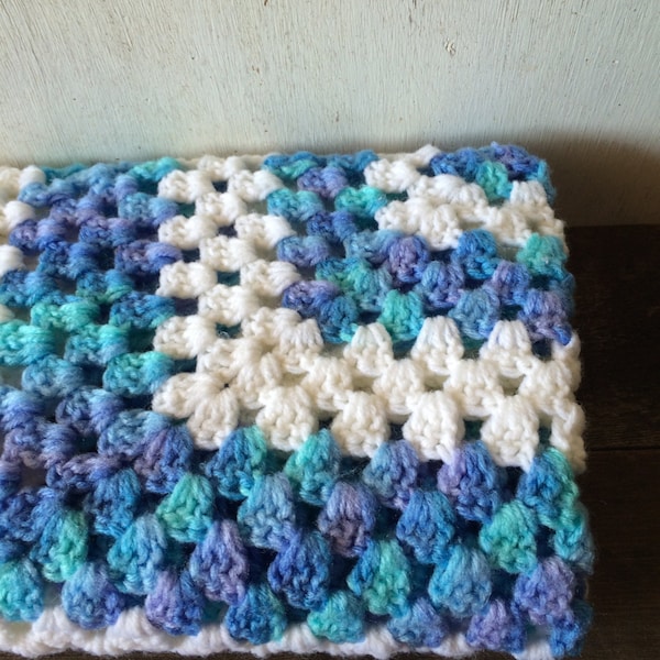 Vintage Crocheted Blanket Throw // Baby Blanket // White Aqua Blue Purple