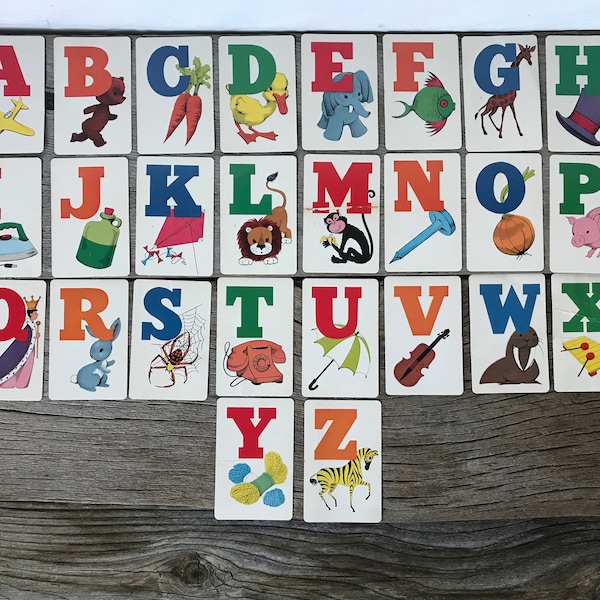 Vintage Alphabet Flash Card of Your Choice // Bright & Colorful Letter with Coordinating Picture