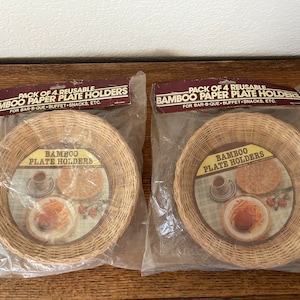 Bamboo Plate Holders set of 4 // Brand new in package // 70s Vintage Picnic Serve Ware // Wicker Rattan Baskets