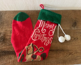 Vintage Knitted Stocking // Merry Christmas, Rocking Horse // Vintage Christmas