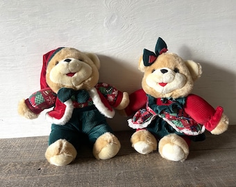 Set of 2 Vintage MTY International Co Holiday Teddy Bears // Boy & Girl Christmas Holiday Bears // 15" Tall