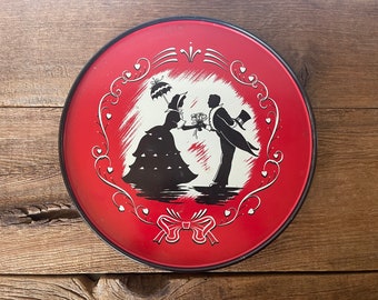 1940's Vintage Round Metal Tray // Red Black White //  Couple Silhouette // Sold Individually // Litho Print