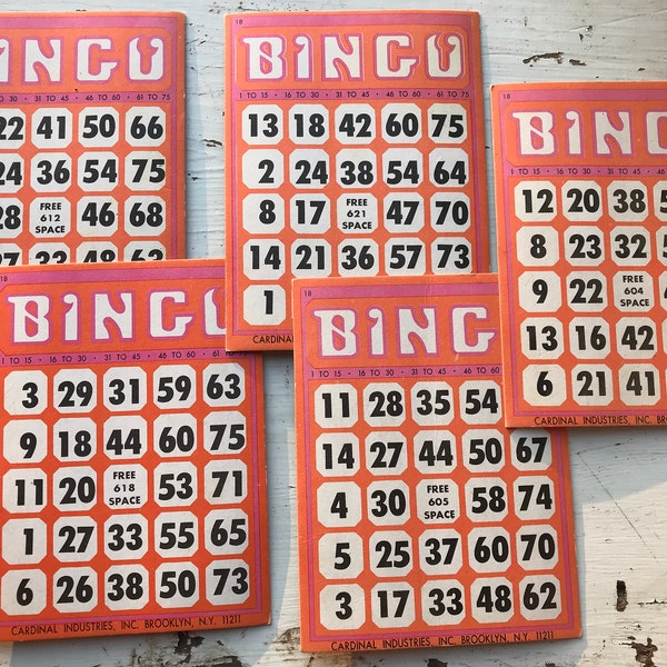 Vintage Bingo Cards, Set of 5 // Pink & Orange // Perfect for Valentine's Day Crafts, Etc