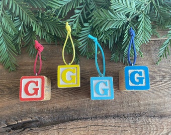 Letter G Vintage Alphabet Block Ornament // Your Choice // Initial Ornament // Number Ornament //  Vintage Christmas Ornament