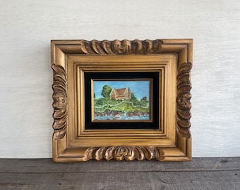 Beautiful Antique 5" x 7" Painting In Ornate Gold Wooden Frame