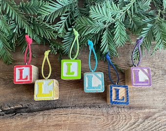 Letter L Vintage Alphabet Block Ornament // Your Choice // Initial Ornament // Number Ornament //  Vintage Christmas Ornament