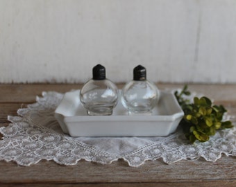 Vintage Glass Salt & Pepper Shakers: Collectible Aged Metal Lid Set