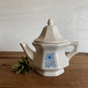 Puede incluir: Una tetera de cerámica color crema con tapa, boquilla y asa. La tetera presenta un diseño floral azul en la parte delantera. Se encuentra sobre una superficie de madera con una pequeña planta suculenta verde.