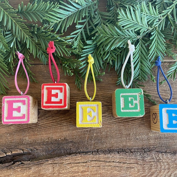 Letter E Vintage Alphabet Block Ornament // Your Choice // Initial Ornament // Number Ornament //  Vintage Christmas Ornament