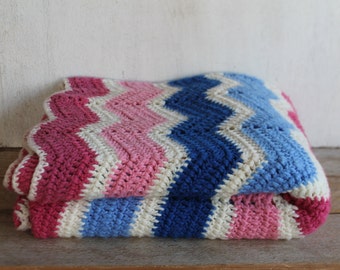 Vintage Crocheted Afghan Blanket Throw // Chevron Pink, Dark Rose Pink, Blue, Light Blue