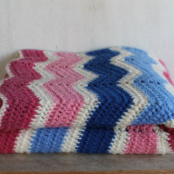 Vintage Crocheted Afghan Blanket Throw // Chevron Pink, Dark Rose Pink, Blue, Light Blue