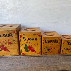 Vintage Wooden Canister Set // Rooster Design // Flour, Sugar, Coffee, Tea